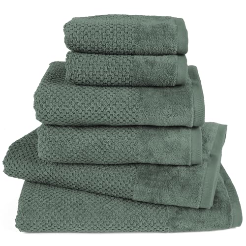 Pure Label 6-TLG. Handtücher Set mit Aufhängeschlaufen aus 100% Baumwolle, saugstark und weich - 2X Badetuch (70x140 cm) 2X Handtuch (50x100cm) 2X Gästetuch (30x50 cm) - Dunkelgrün