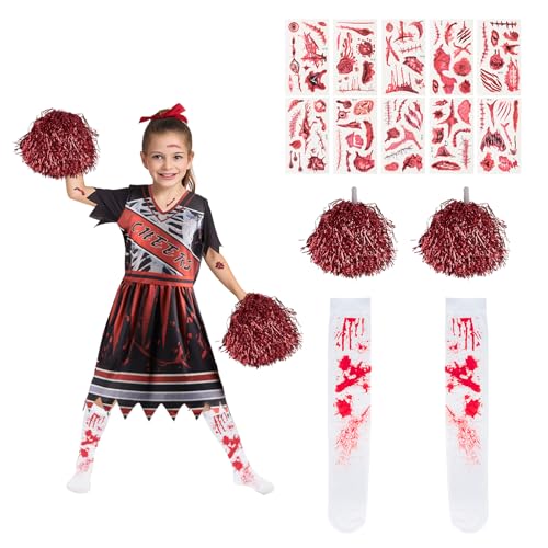 Lixstyea Halloween Kostüm Cheerleader Kinder - Horror Zombie Kostüm Mädchen Cheerleader, Karneval Halloween, Kinder Kids, Kostüme Vampir Kinderkostüme für Karnevalspartys, Cosplay Partys (140cm)