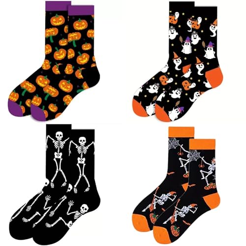 HYZSHL 4 Paar Halloween Socken, Socken Halloween, Socke Damen, Lustige Sockens Damen, Gruselige Motive Mit Kürbis, Geister und Spinnen, Lustige Bequeme Sockes für Party, Alltag und Geschenk
