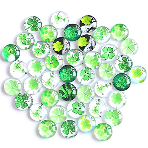 YIEUR 50 Stück Glas Cabochons Kleeblatt Glückssteine, 12mm Schmunzelsteine Glassteine bunte mix, Glücksbringer Glücksklee Glascabochons Glasnuggets Aufkleber Streudeko für DIY Schmuck(50)