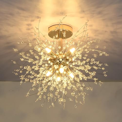 Rayofly Moderne Kristall Deckenleuchte, Feuerwerk Kristall Kronleuchter, 8-flammige Golden Deckenleuchten, Dimmbare Pendelleuchte, Kristalle Lampe für Wohnzimmer, Schlafzimmer, Esszimmer, Küche, Flur