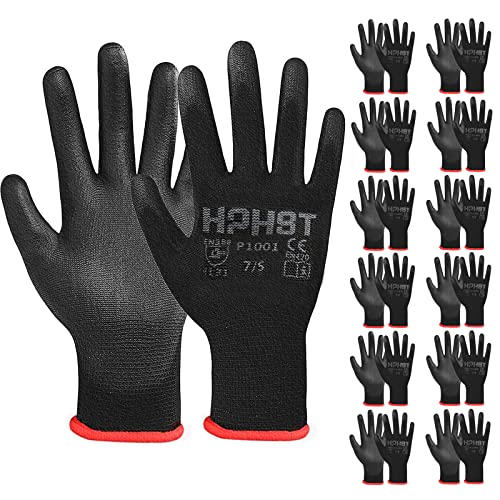 HPHST PU Besichtet Arbeitshandschuhe, 12 Paar Arbeit Handschuhe für Herren und Damen Rutschfeste Montagehandschuhe Gartenhandschuhe mit PU-Beschichtung für Bauarbeiter Mechaniker, Schwarz (Large)