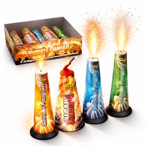 PYROHELD Silvester Party 2026 Set mit Feuerwerk für Kinder & Erwachsene - Wunderkerzen, Knallerbsen UVM. (5X Summer Fountains)