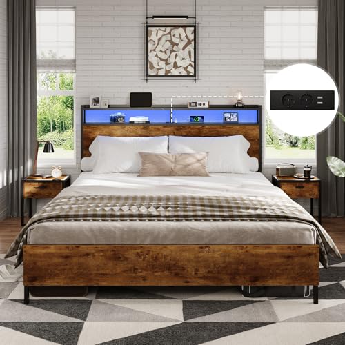 DICTAC Bett 120x200 mit LED Beleuchtung, Bettrahmen mit Steckdose und USB-Ladefunktion, Metallbett 120x200 mit Holzkopfteil Stauraum, Bettgestell mit Lattenrost und Stauraum unter dem Bett