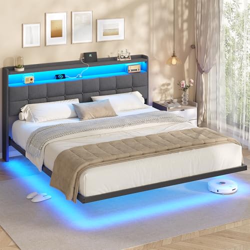 AOGLLATI Polsterbett 180x200 cm, Doppelbettgestell, Bettrahmen mit LED-Beleuchtung und Ladestation, Bettgestell mit Kopfteil, Bett Schwebebettrahmen, Metallbett, Leinen, Dunkelgrau (ohne Matratze)