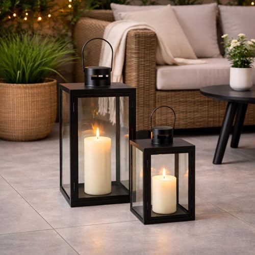 2er XXL Set Gartenlaterne Windlicht Laterne Laternen Metalllaterne Set Dekoration Außen Metall Schwarz ca. H30/41cm