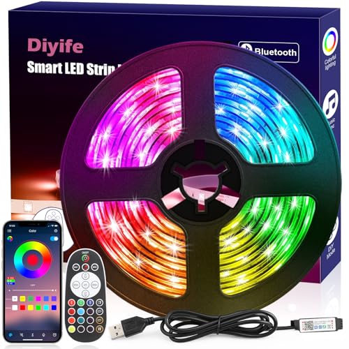 Diyife LED Strip, [Fernbedienung & App-Steuerung] 3M RGB LED Streifen, Bluetooth Led Lichterkette, Flexibel LED Band, Musik Sync, für Party, Zuhause, Schlafzimmer, TV