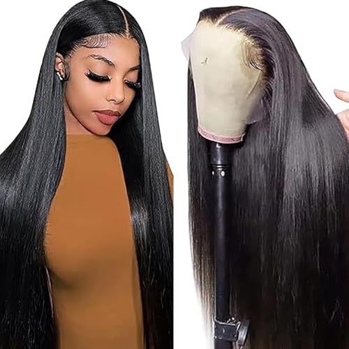 Salharer Echthaar Perücke für Damen Perücken Bone Straight Human Hair Wig 13x6 Lace Front Wig Perücken Echthaar mit Babyhaar Any Part Natural Black for Woman 14 Inch