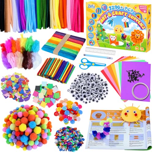 Zefy 3200+ Stück Bastelset Kinder 4-12 Jahre, DIY Basteln mit 12 Basteldesigns, Bastelkoffer Bastelbox Kreativ Set für Mädchen