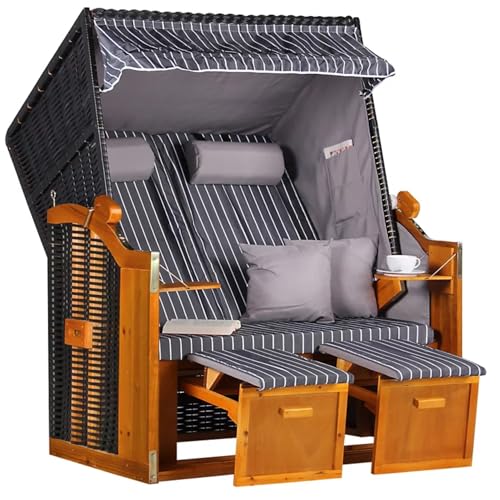 MR. DEKO® Strandkorb Ostsee 2-Sitzer Anthrazit | Volllieger Gartenmöbel | Polyrattan Hartholz | Komfortabler Sonnenkorb für Terrasse und Balkon | Inkl. 2 Klapptische und Kissen Royal Anthrazit