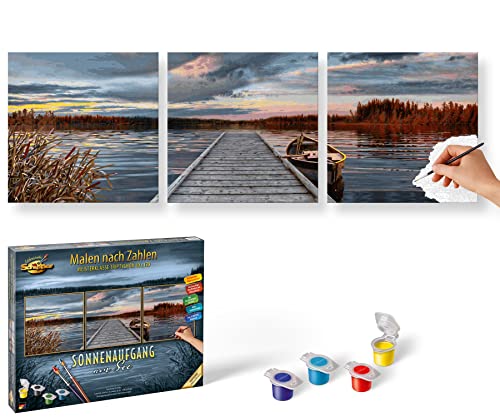 Schipper 609470754 Malen nach Zahlen, Sonnenaufgang am See - Bilder malen für Erwachsene, inklusive Pinsel und Acrylfarben, 40 x 120 cm