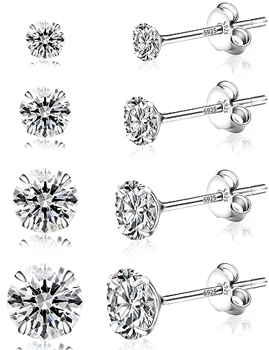 Yiorxu 4 Paar Ohrringe Silber 925 für Damen, Ohrstecker Silber 925, 5A+ Zirkonia, Größe: 3/4/5/6 mm, Hypoallergenes Ohrringe Set, Anti-Oxidation, Elastische Verpackung