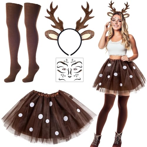 iZoeL Karneval Kostüm Damen Mädchen, Reh Geweih Haarreifen mit Rentier Ohren Punkte Tutu Rock Socken Rehface Tattoo Reh Kostüm Accessorie, Reh kostüm Karneval Fasching Mottoparty Cosplay