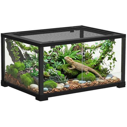 PawHut Terrarium für Reptilien Glasterrarium Reptil Fütterungsbox mit Schiebetür, ausbruchsicherer Verschluss für Springspinnen, Eidechsen, Schnecken Schwarz 60 x 45 x 32 cm
