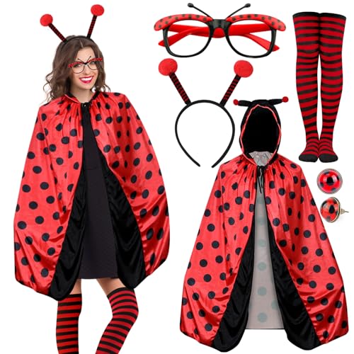 LEACCO Marienkäfer Kostüm Damen Umhang Set mit Marienkäfer Haarreif Ohrringe Socken Brille Karneval Kostüm Marienkäfer Damen Erwachsene kleidung für Faschingskostüme Damen Marienkäfer Verkleidung