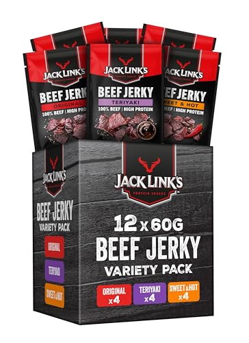 Jack Links Beef Jerky Geschenke Box - 12er Pack (12 x 60g) - Hochwertiger Fleisch Snack Geschenke für Männer - Vater, Papa, Mann Geschenk oder als Geschenkkorb, Präsentkorb, Geburtstag - High Protein