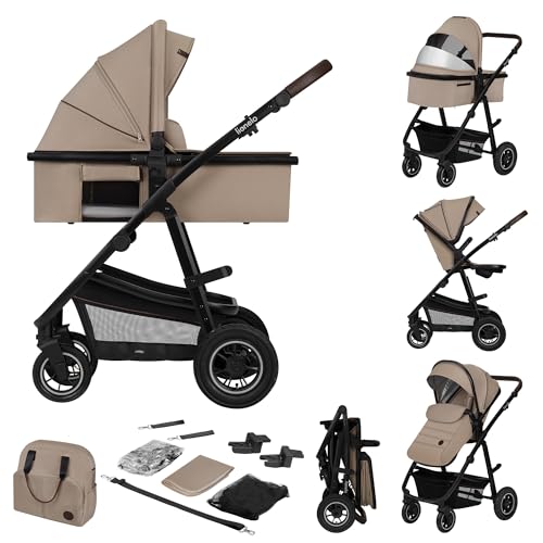 Lionelo Amber Kinderwagen 2 in 1 Kombikinderwagen, Kinderwagen Set mit sportlichen Sitz und fester Babywanne, Tasche, Moskitonetz, Abdeckung Regenblatt (Beige Sand)