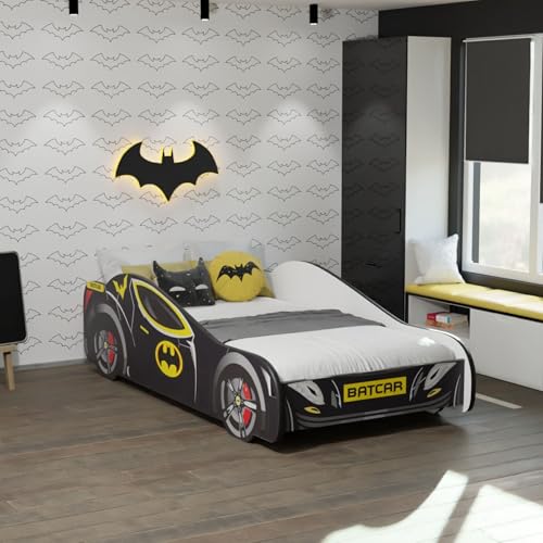 Kids Collective Autobett 80x160 cm Kinderbett Jugendbett mit Rausfallschutz | Kinder Spielbett Batman Batmobil Bat Car Auto Bett in schwarz optional mit Matratze | von 3. bis 10. Lebensjahr