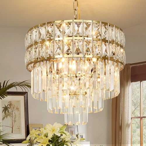 AOOCHOK Modern Crystal Chandelier Gold Pendant, Round Crystal Light Fixture Hanging Lamp, for Dining Room, Restaurant, Hallway, Balcony, Φ40cm