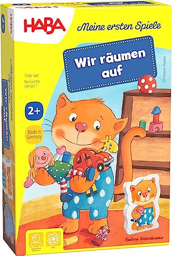 HABA Meine ersten Spiele: Wir räumen auf – Lernspiel ab 2 Jahren – Zuordnen von Gegenständen mit 3D-Spielregal – Für 1 bis 3 Spieler – 1303469001