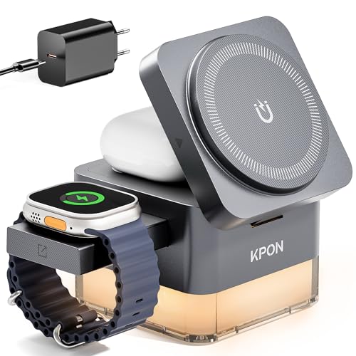 KPON Ladestation Apple Watch und Iphone für Magsafe, 3-in-1 Cube Induktive Ladestation mit Magsafe Ladegerät, Kompatibel mit iPhone 17 16 15 14 13 12 Air/Pro Max,für Apple Watch 11/10/9,Airpods (Grau)
