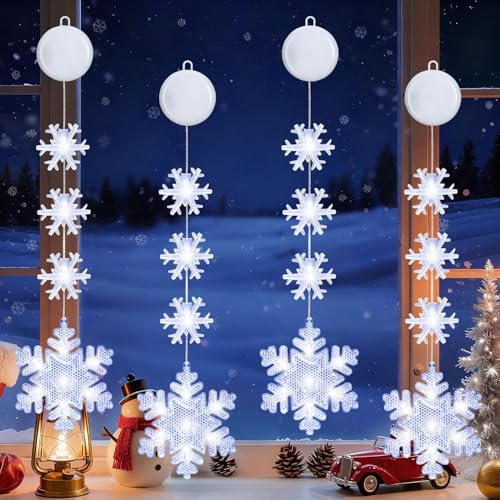4PCS Weihnachtsbeleuchtung Fenster Innen,Schneeflocke Beleuchtet mit Batteriebetriebene,LED Hängenden Fensterlicht,Hängende Innen Fenster Leuchte,Weihnachten Fenster Licht,Weihnachtsdekoration Lichter
