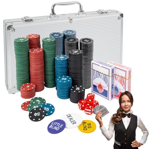 H&F Heimtextilien Pokerkoffer Set 500 Chips – Komplettes Poker Spielset mit Karten Würfeln & Dealer-Button im Aluminiumkoffer – Für Einsteiger & Fortgeschrittene