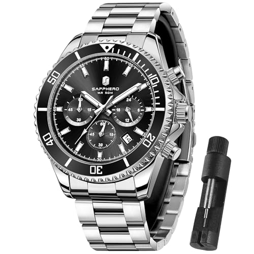 SAPPHERO Uhren Herren Chronograph Analog Quarz 50M Wasserdicht Armbanduhr Herren Mode Lässig Business Herrenuhren mit Kalender Edelstahlarmband Uhr Geschenk für Männer