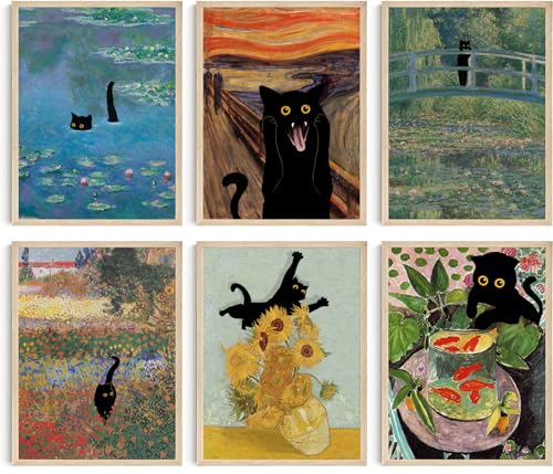 Hambient Wandbilder mit Katzen für moderne Bilder, Dekoration für Wohnzimmer, Schlafzimmer, Schlafzimmer, Badezimmer, Haus, Monet, Van Gogh, Munch, Klimt, 6 Poster (21 x 30 cm - Ohne Rahmen)