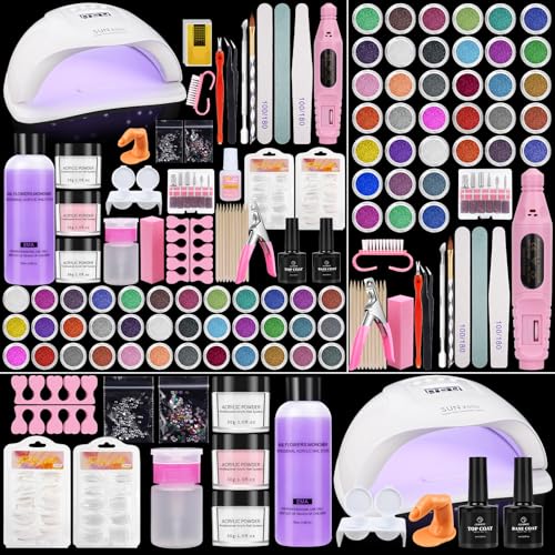 Acryl Nagelset Nägel Selber Machen: Gelnägel Set mit UV Lampe 80W Elektrische Nagelfräser - Acrylpulver für Nägel（Mehrfarbig）