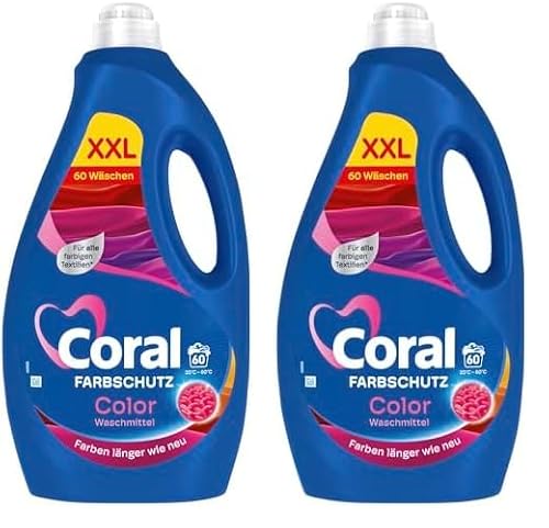 Coral Colorwaschmittel Optimal Color XXL Flüssigwaschmittel für länger strahlende Farben mit Farbpflege-Kraft natürlicher Herkunft 60 WL (Packung mit 2)
