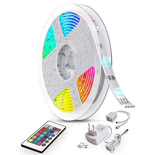 B.K.Licht - LED Strip 10m mit Fernbedienung, buntes RGB Licht, dimmbar, selbstklebend, LED Streifen, Leiste, Zimmer Deko, Gaming Deko, Band, Lichtleiste, Lichtband, 1000x1x0,25 cm, Weiß