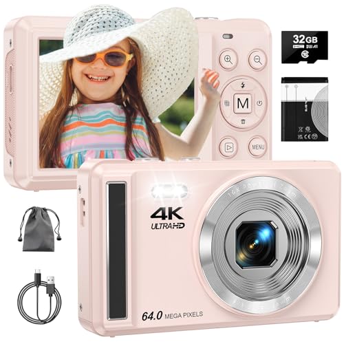 Digitalkamera 4K 64 MP mit Autofokus | Tragbare Kompaktkamera mit 32 GB TF-Karte, 1200mAh Batterie und USB-Kabel | Ideal für Kinder, Teenager und Anfänger