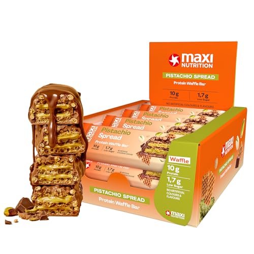 MaxiNutrition Pistachio Spread Protein Waffle Bar, 26% Eiweiß, 199 kcal, (12 Eiweißriegel x 39g), Ohne Zuckerzusatz