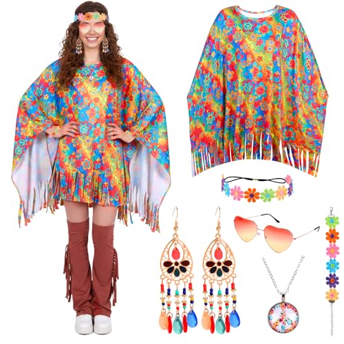 Putfoka 60er 70er Hippie Kostüm Damen Set mit Poncho und Accessoires, Hippie Kleidung Damen, 70er Jahre Bekleidung Große, Disco Outfit karnevalskostüm Fasching Kostüm