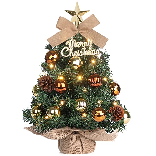 Mini Weihnachtsbaum Kleiner Weihnachtsbaum mit Beleuchtung LED Tisch Weihnachtsbaum klein künstlich geschmückt für Weihnachten Deko 40cm (Braun mit Gold)