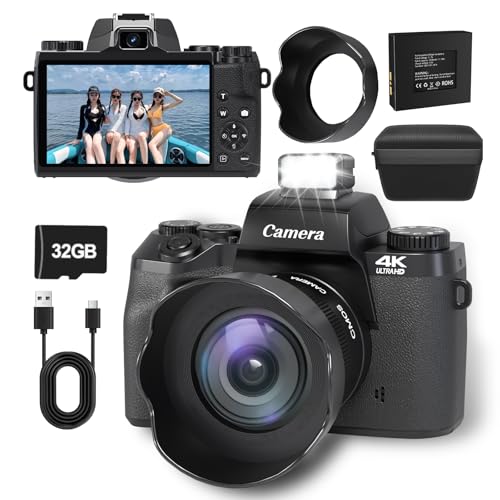 Digitalkamera 4K 64MP 1080P FHD Fotokamera mit Autofokus 16X Digitalzoom Fotoapparat Tragbare Kompaktkamera, 4,0-Zoll-Touchscreen mit 32GB TF-Karte LED-Blitz für Jugendliche und Anfänger