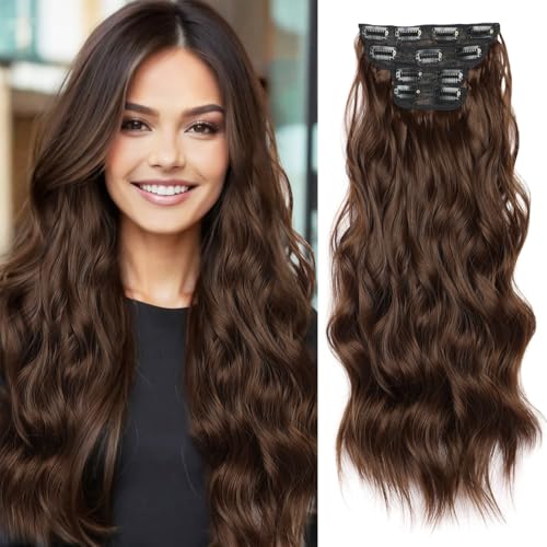 JIAMEISI Clip in Extensions, 4 Stück 56cm Vollkopf Lange Gewellte Haarextension, Synthetik lockige Clip-In Haarverlängerung, Dickes Natürliches Weiches Haarteil für Frauen Mädchen 200g (#8B)