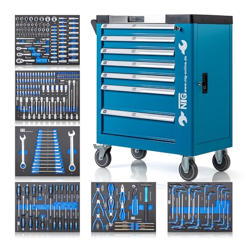 NTG Werkzeugwagen bestückt mit Werkzeug + 7 Schubladen | 247 Teilig | Abschließbar | Davon 6 mit Werkzeug | Mit Soft Inlays in Carbonoptik | Werkstattwagen gefüllt Werkzeugkasten Werkzeugkiste