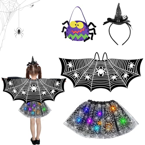 LETTERASHQP Halloween Kostüm Mädchen LED Spinnenkostüm für Kinder Halloween Umhang Kinderkostüm Spinne Kinder Halloween Kostüm Kinders lchtend Rock mit Süßigkeitenkorb und Haarband