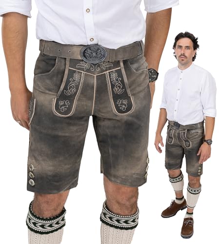 Schöneberger Trachten Couture Herren Lederhose kurz mit Trachtengürtel, Trachtenlederhose braun für Oktoberfest, Trachtenhose Starnberg (50)
