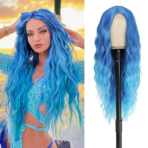 BUPPLER Cosplay Long Blue Wig 28 Inch Middle Part Synthetic Wig Realistic Gifts Party Wigs for Women Daily Use Colorful Wigs (Blue)