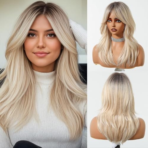 OUFEI Ombre Blonde Lange Gewellte Perücke für Frauen mit Pony Natürliches Synthetisches Haar Hitzebeständige Perücken für Tägliche Party Cosplay Wear