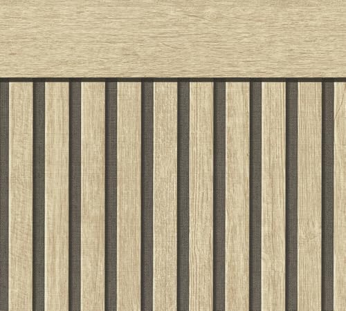 A.S. Création Vliestapete mit Wandpaneelmotiv & Sockelleiste 0,53 x 10,05 m - Beige, Braun, Schwarz - Tapete in realistischer Holzoptik Made in Germany - 399561