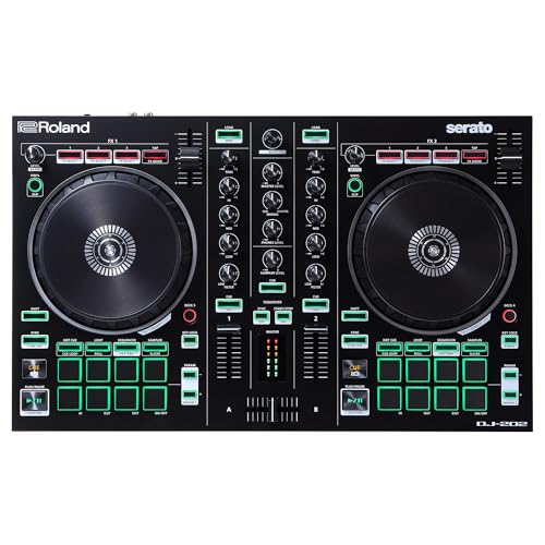 Roland DJ-202 Kompakter DJ-Controller | 2-Kanal-Controller mit 4 Decks für Serato DJ Lite | Große Plattenteller mit minimaler Latenz | Legendäre Roland Drumkit-Sounds | Kompatibel mit Spotify