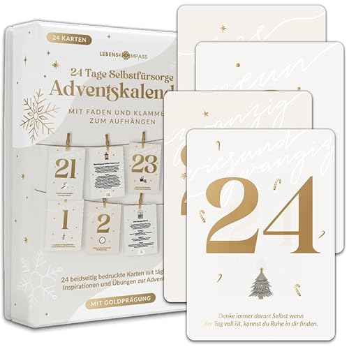 Lebenskompass Adventskalender Karten Set Jahresunabhängig – 24 Achtsamkeitskarten mit Clips & Fäden – Kreativer Selbstliebe Adventskalender zum Aufhängen, für Achtsamkeit und Reflexion