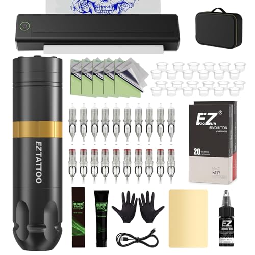 Stencil Drucker Set - Tattoo Drucker mit Kabelloser Tattoo Maschine, 20 Stück Tattoo Nadeln, 40 Stück Transferpapier und 5OZ Transfer Gel für Tattoo Anfänger und Künstler