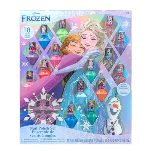 Disney Frozen 15-teiliges Set mit Nagellack und Nagelzubehör für Kinder, wasserbasiert, schnell trocknend und abziehbar，3 Jahre und älter