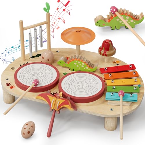Lehoo Castle Holz Montessori Kinder Schlagzeugset Spielzeug ab 3 Jahre, Musikinstrumente für Kinder mit Xylophon Trommel, Musikspielzeug für Babys im Vorschulalter, Lernspielzeug Geschenk