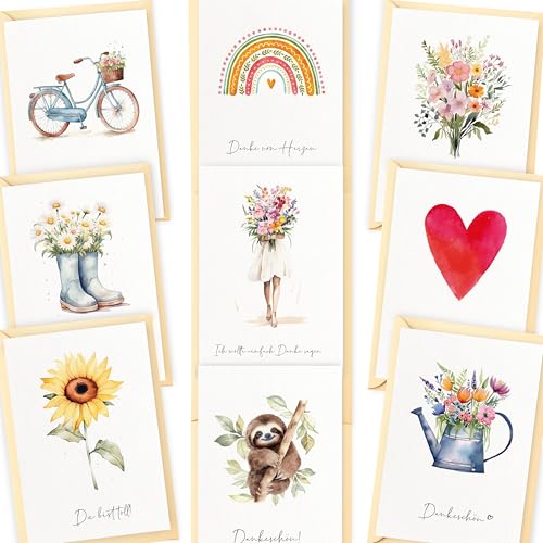 LOViLEE 10x Dankeskarten - Dankeskarte Postkarten Set mit Umschlag & Stickern - Grußkarten, Danke Karte, Hochzeit - Dankeschön Karte, Danke Karten mit Umschlag, Dankeschön Geschenke